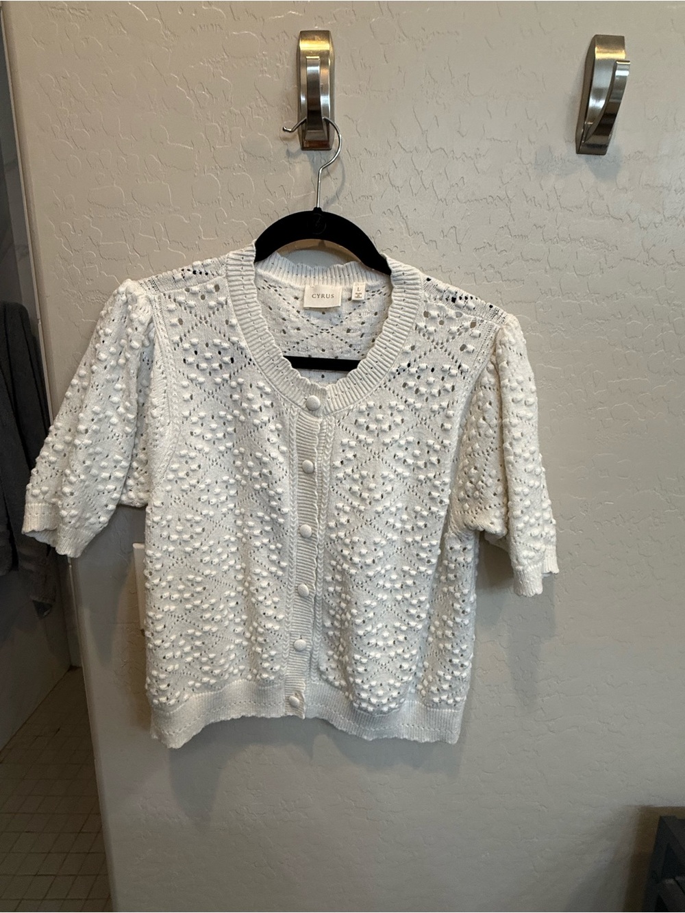 Cyrus White Short-Sleeve Bobble Knit Cardigan
